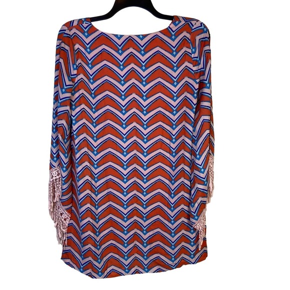 Umgee Size Med Boomerang‎ Knee Length Dress Orange Blue Fringe Trim Split Sleeve - Picture 4 of 10